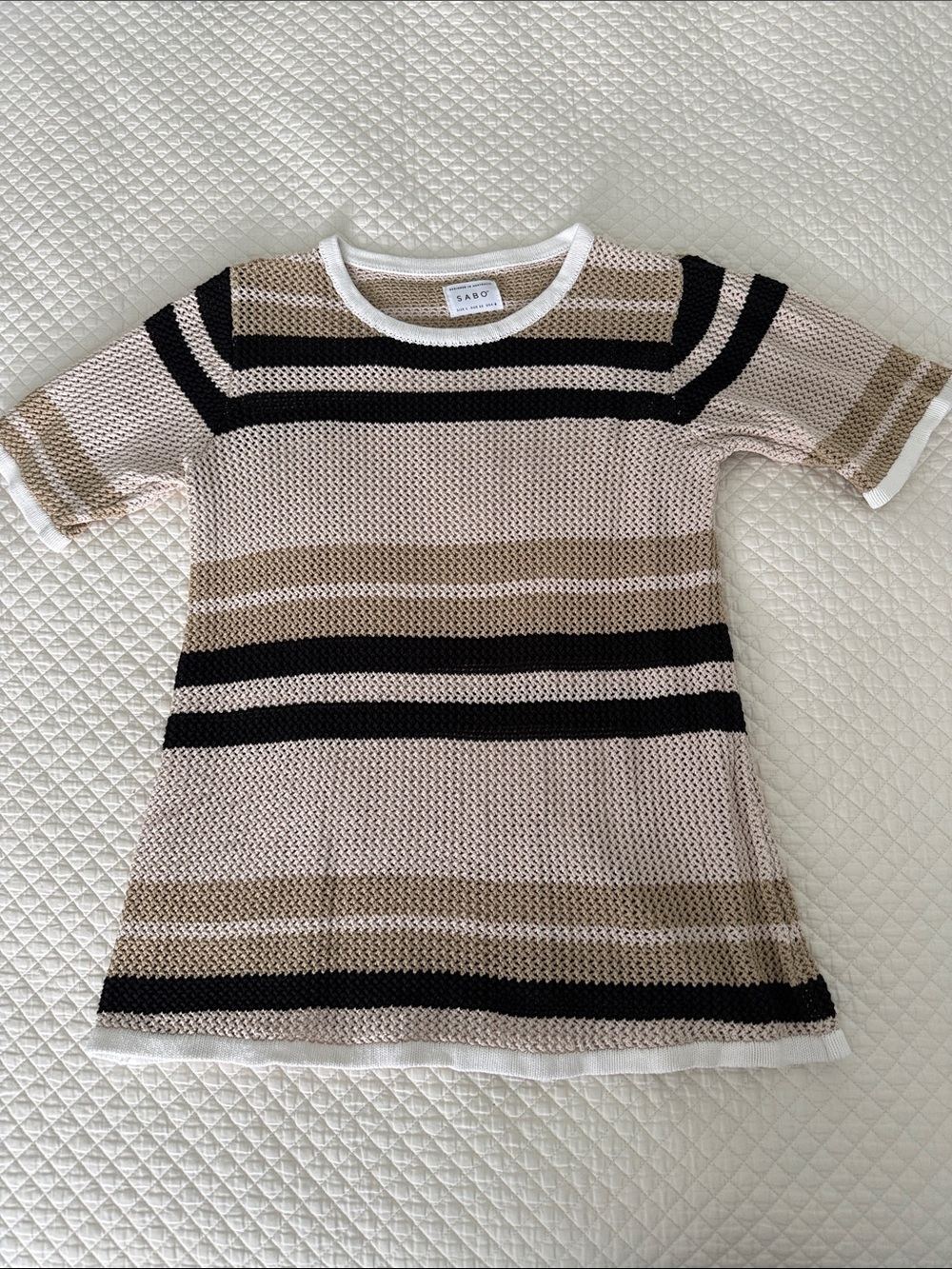 SABO Striped Knit Paityn Short-Sleeve Top in Beige, Black & White